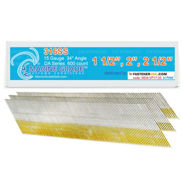 SITLDY 15 Gauge 304 Stainless Steel DA Angled Finish Nails – 34°, 1200-Pack Assorted Sizes (1-1/4" To 2-1/2"), 300 Each, For Pneumatic & Electric Finish Nailers